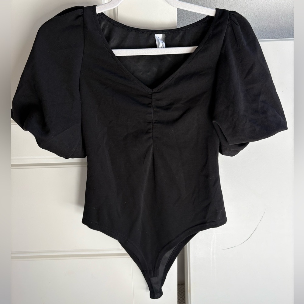 Black Puff Sleeve V-Neck Bodysuit